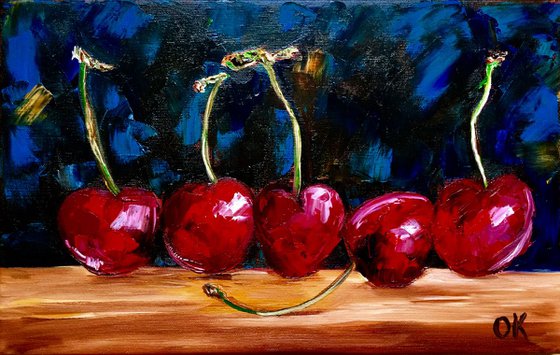 Cherries. Still life. Palette knife painting on linen canvas