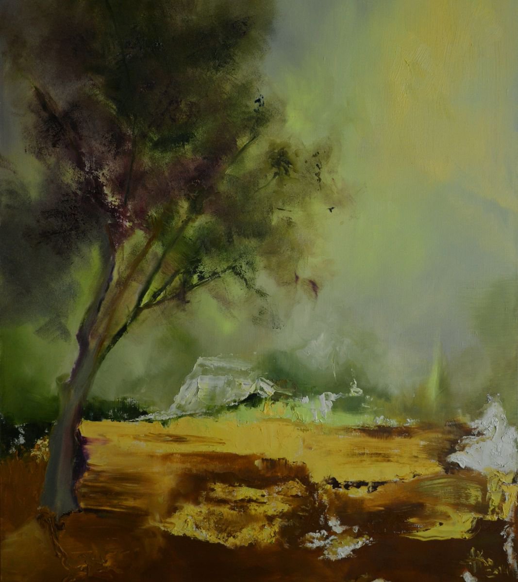 Expressive Landscape Oil Painting By Zhanna Kondratenko, 28 X 31", Tree, Original Artwork