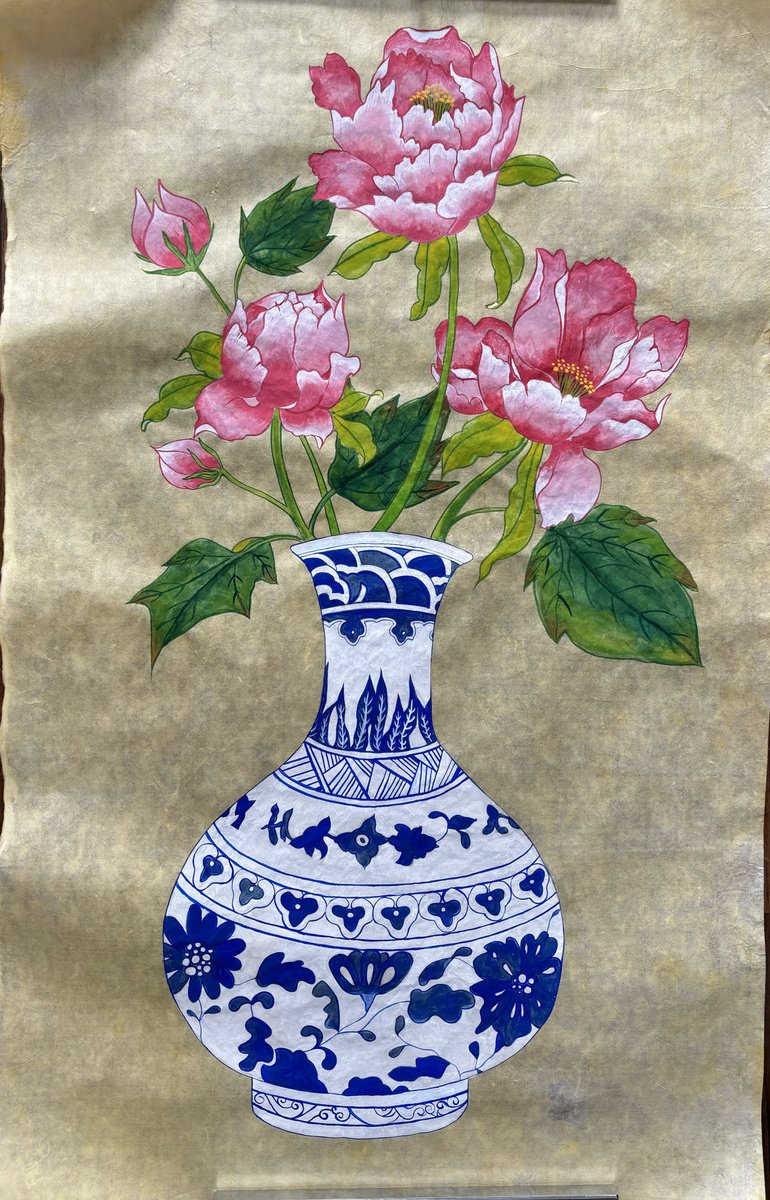 Botanical Painting By Sun-Hee Jung, 18 X 28", Blue Patterned White Porcellan, Original Artwork