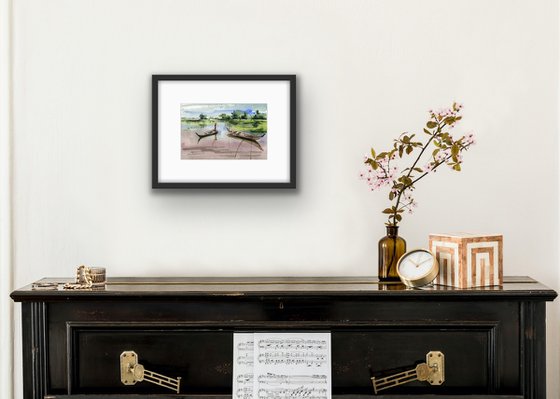 Chinese boats original watercolor painting with boats, small size, decor for small spaces