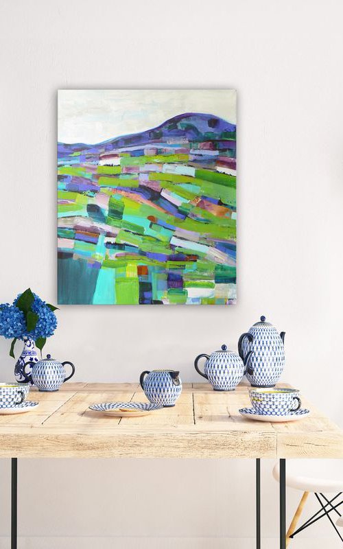 Abstract landscape - Green fields  (ready to hang semi abstract landscape on canvas) by Carolynne Coulson