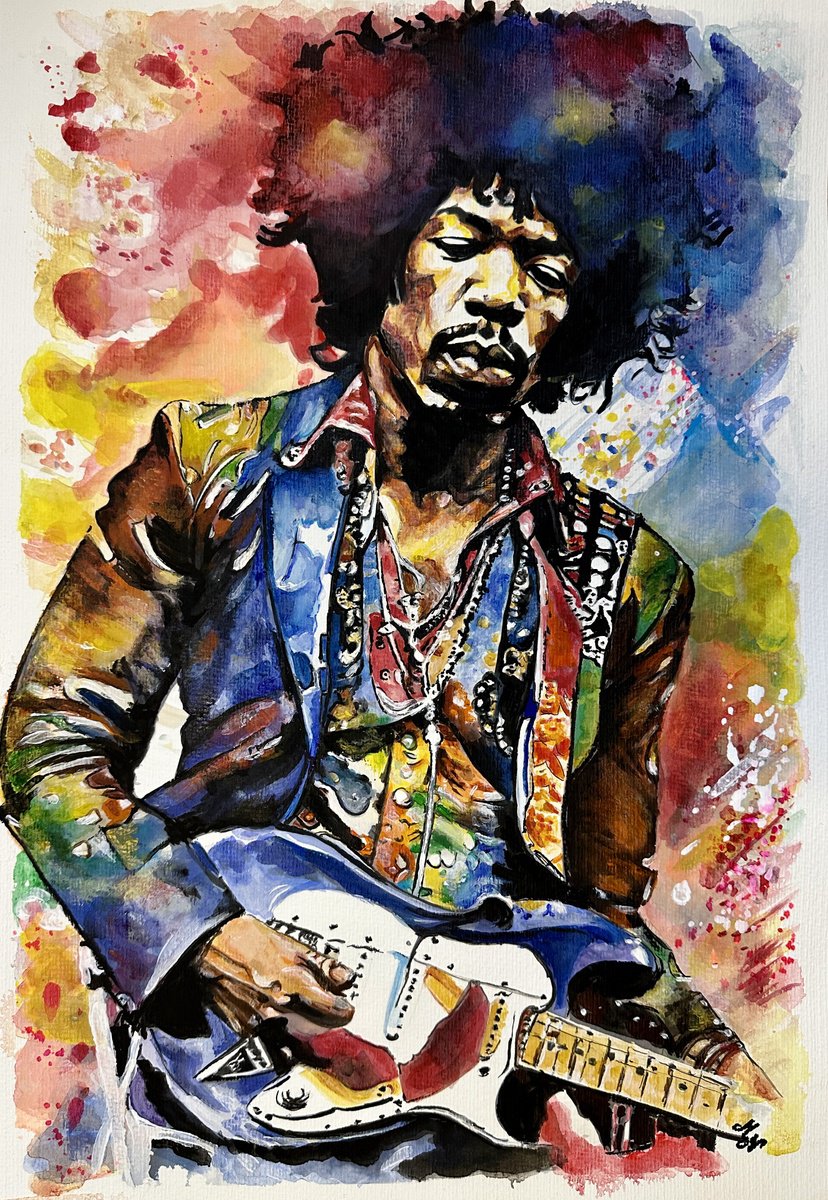 Impressionistic Portrait Watercolour By Misty Lady - M. Nierobisz, 13 X 19", Colors Of Jimi Hendrix, Original Artwork
