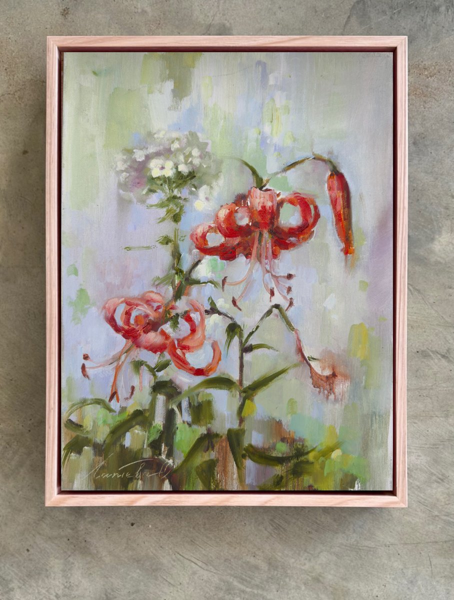 Impressionistic Botanical Oil Painting By Olha Laptieva, 12 X 16", Red Lilies, Original Artwork