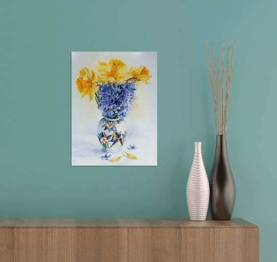 Daffodils and Hyacinths in parrots vase