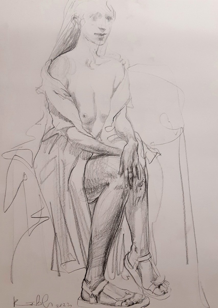 Expressive Portrait Pencil Drawing By Sergey Kostov, 17 X 24", Unawares, Original Artwork