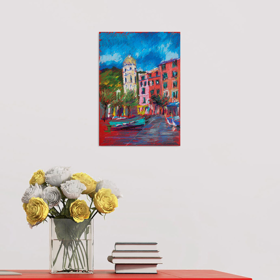 Vernazza. Tower in the old town harbor. Urban city sketch. Small oil pastel impressionistic interior painting