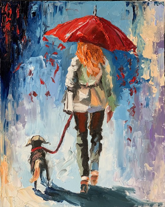 Woman with umbrella and dog.