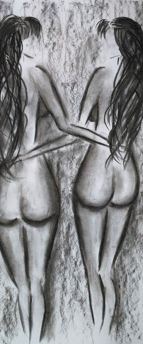 Lesbian Nude Charcoal Art by Halyna Kirichenko