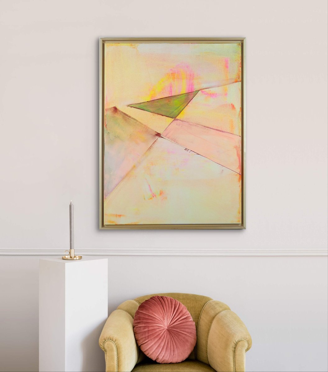 Geometric Abstract Acrylic Painting By Katrin Roth, 25 X 33", Crossing Orange Field 1, Original Artwork
