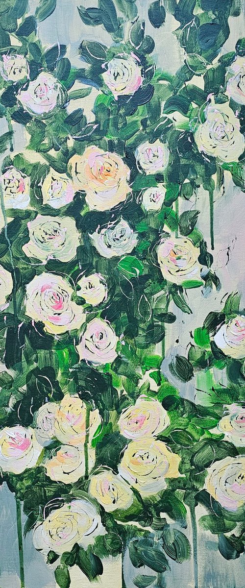Blooming abstract rose garden in pale yellow by Ksenia June