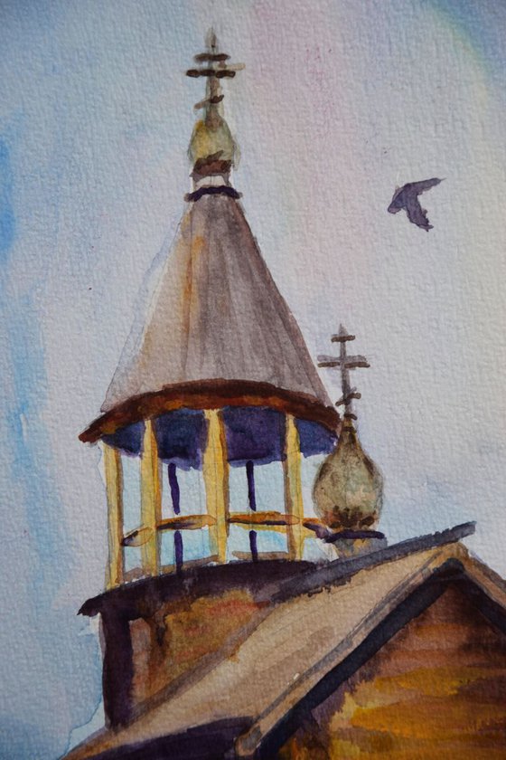Watercolor painting Russian Wooden Church