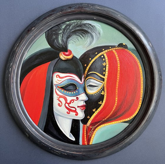 The Secret. Portrait of a couple in love wearing masks.