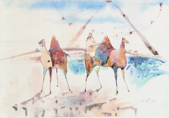 Desert Camel Ferris Wheel Watercolor