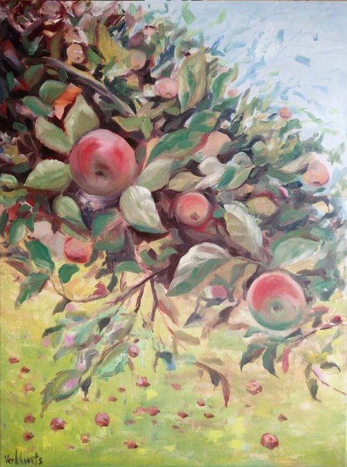 Under the apple tree.(GIFT IDEA, HOME IMPRESSIONISTIC DECORATION ORIGINAL PAINTING OIL ON CANVAS, 60X80CM) READY TO HUNG, GALLERY WRAPPED. by Mag Verkhovets
