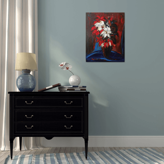 BOUQUET - still life with flowers,  red black blue, floral art,  original oil painting, winter flowers,  impressionism art office interior home decore, small size gift 70x55