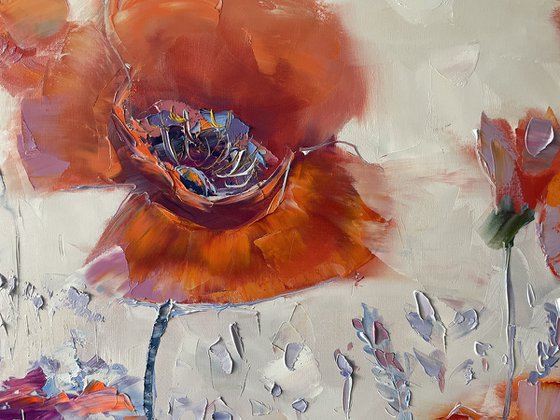 "Red poppies". Flowers oil painting. 100x80cm