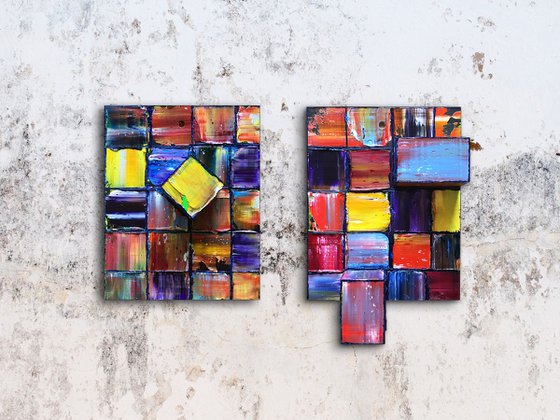 "We Just Fit" - FREE USA SHIPPING - Original Diptych PMS Mixed Media Sculptural Paintings On Wood, Framed - 16 x 11.5 inches