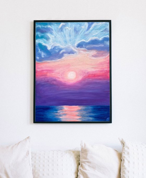 Sea Original Painting, Sunset Oil Pastel Drawing, Seascape Art, Pastel Home Decor