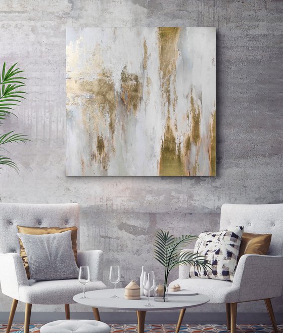 "Cascade 3" Abstract gold and white art