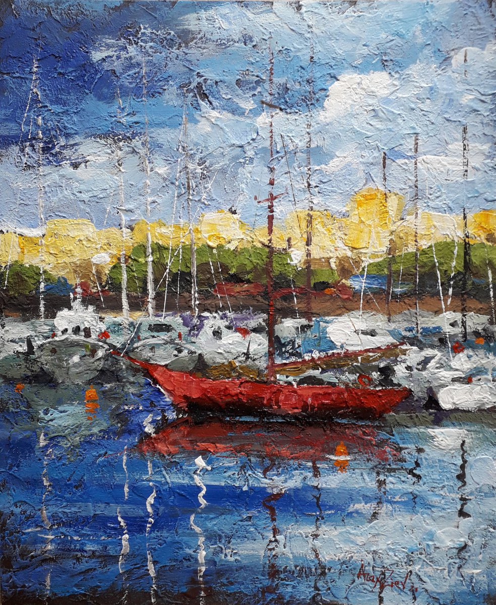 Yachts at the pier Impasto painting Original painting by Alexander Zhilyaev