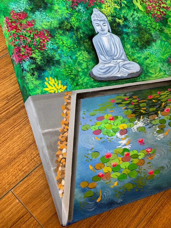 Backyard Pond! Buddha with water lilies pond