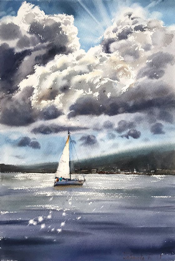 Sailboat and clouds #2 - 38x56 cm