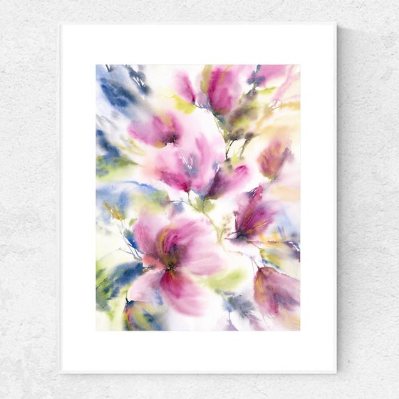 Watercolor loose flowers painting Spring magnolias