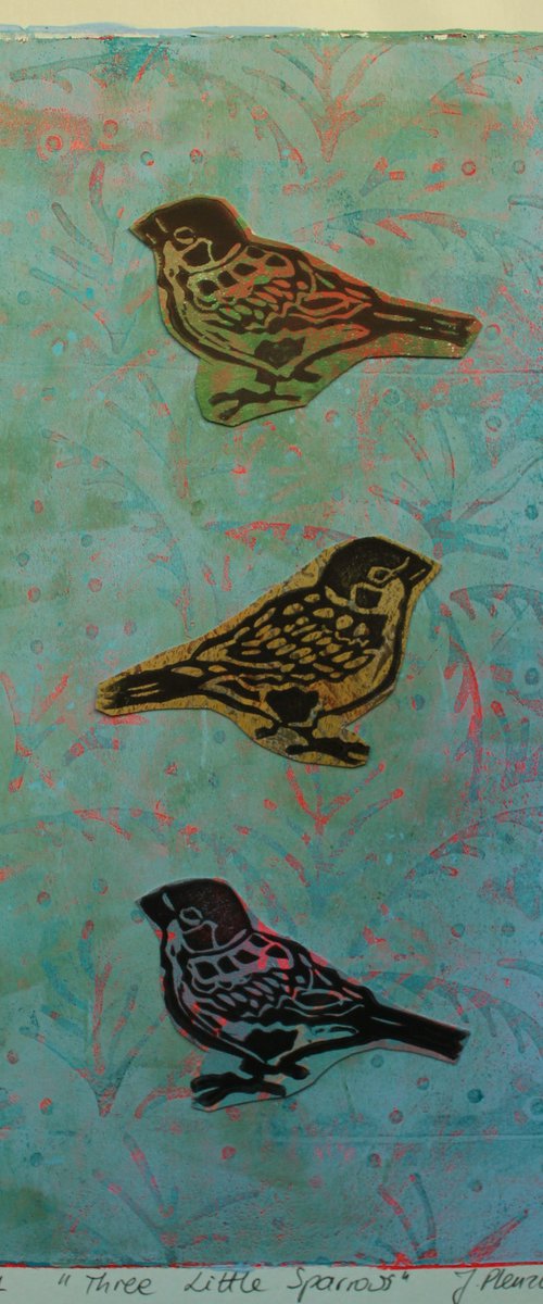 Three Little Sparrows (mixed media) by Joanna Plenzler