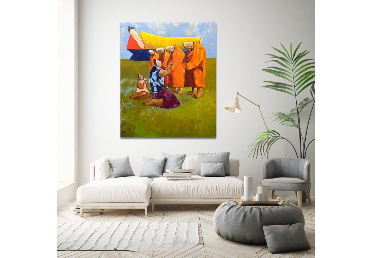 Abstract Portrait Oil Painting By Ta Byrne, 39 X 47", The Monks, Original Artwork