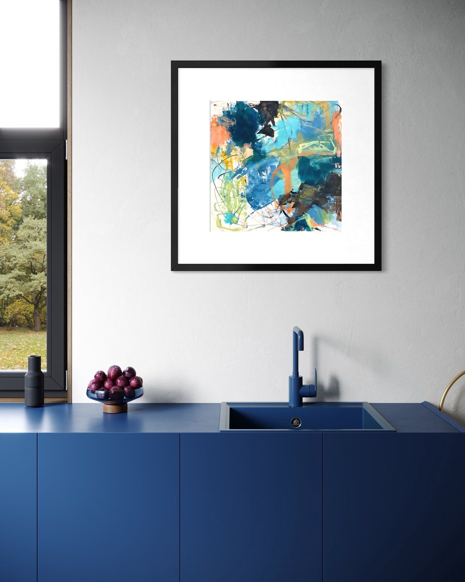 Organic Abstract Acrylic Painting By Kat Crosby, 20 X 20", Turquoise Waters On Blue Horizon, Original Artwork