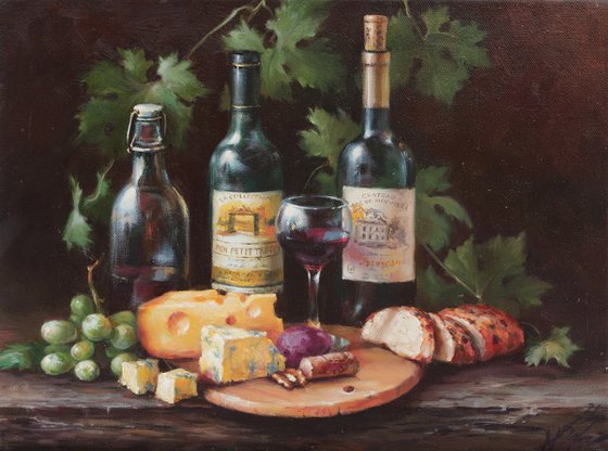 Still life with wine and cheese