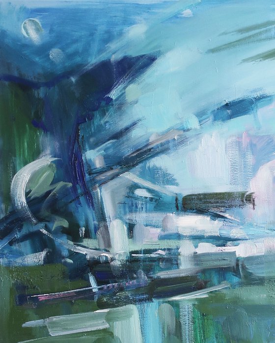 Oil painting Landscape Blue Bird Flying