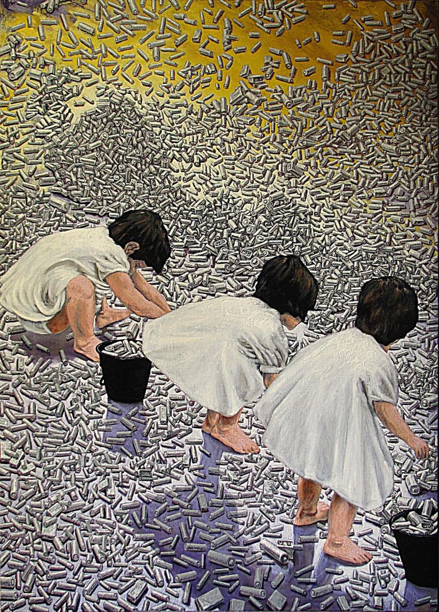 Portrait Oil Painting By Antonio Mele, 45 X 63, Harvesting The Batteries, Original Artwork