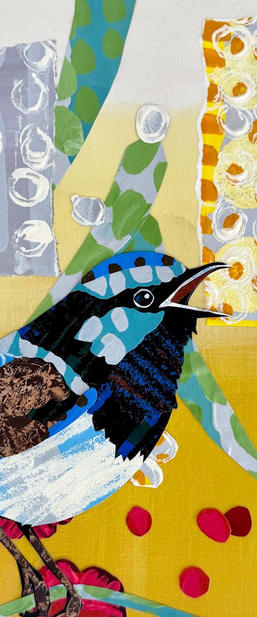 Blue Wren and Banksias Collage Painting by JULIE LYNCH