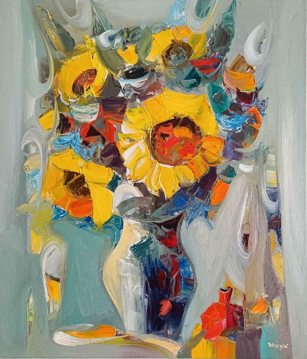 Impressionistic Botanical Oil Painting By Hayk Miqayelyan, 24 X 28, Rhythm Of Sunflowers, Original Artwork