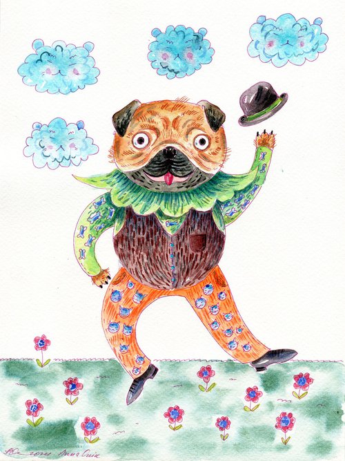 Pug. Funny Mr. Pug in a suit with a hat. Funny animals. Dog by Anna Onikiienko