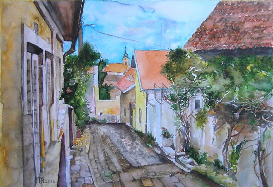 STREET WITH COBBLESTONES  /32 X 22 CM