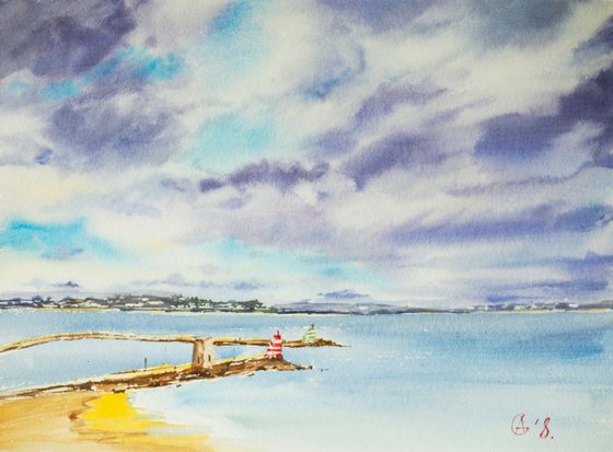 Sea in Lagos 2, Portugal. Original watercolor painting. Small size sky blue sea ocean Portugal Lagos harbor boats