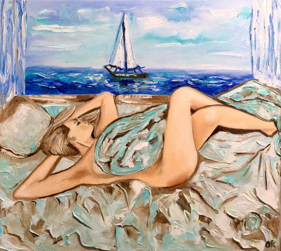 Nude. Dreaming girl, seaside.