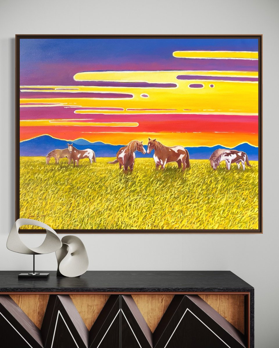 Impressionistic Animal Oil Painting By Volodymyr Smoliak, 39 X 31", Horses In Harmony, Original Artwork