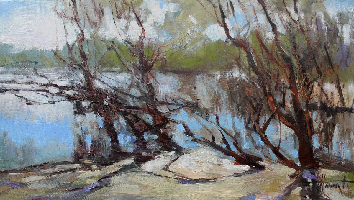 Expressive Landscape Oil Painting By Henadzy Havartsou, 28 X 16, Flood On The River, Original Artwork
