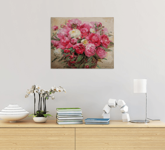 Peonies . Pink on gold . Bouquet a la prima . Original oil painting