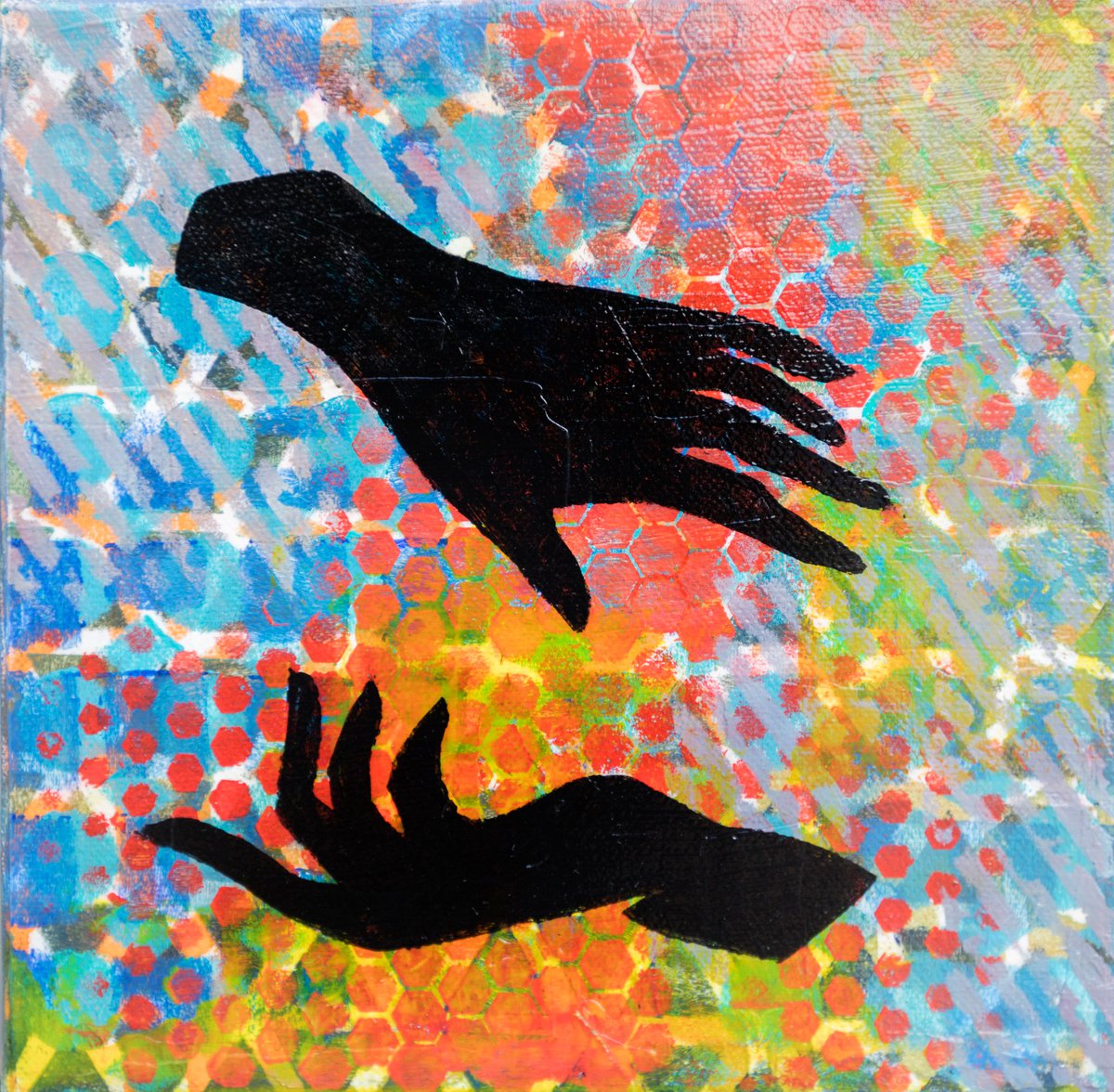 Graphic Portrait Acrylic Painting By Ariadna De Raadt, 8 X 8, Hands Giving 5, Original Artwork