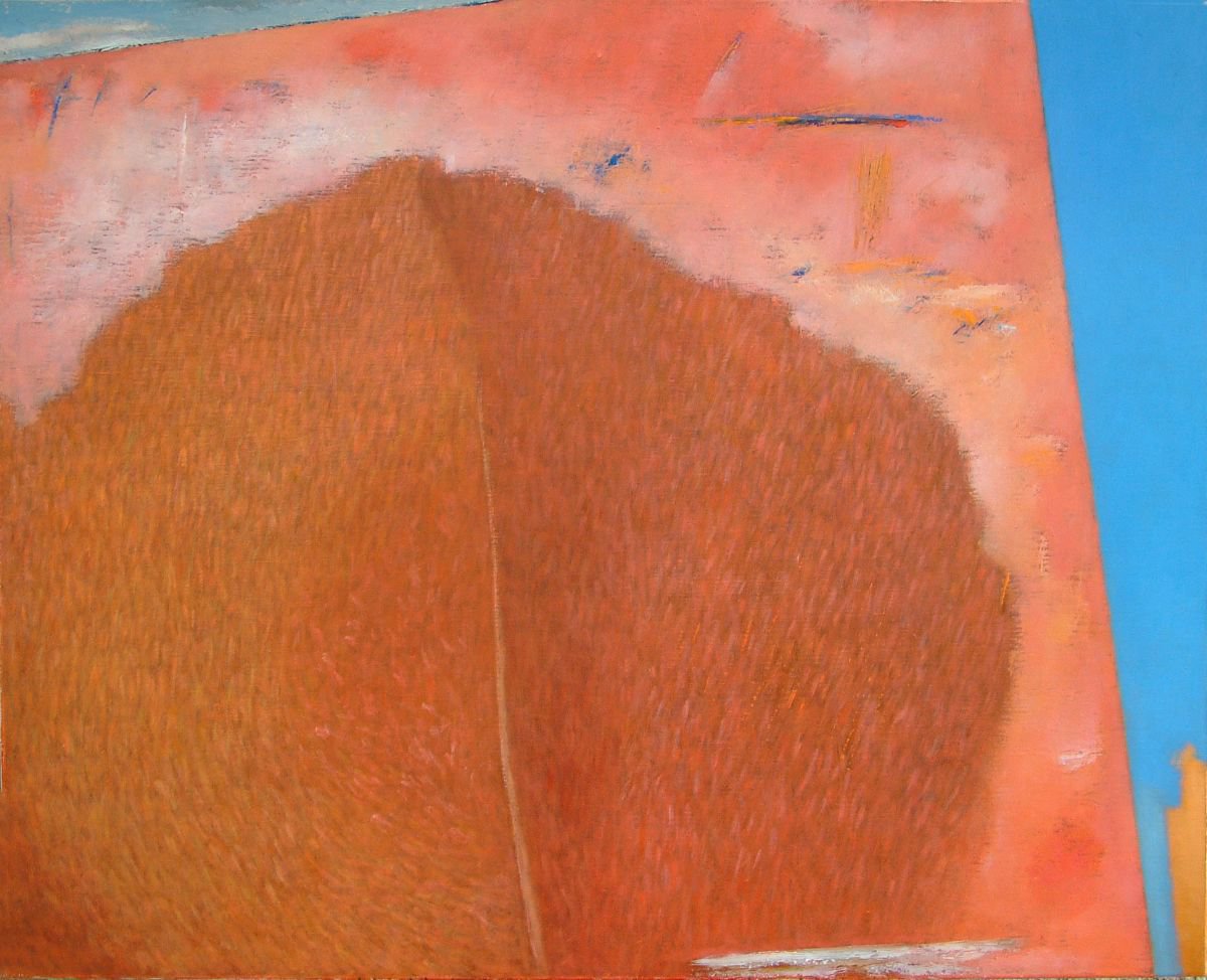 Abstract Cityscapes Painting By Kestutis Jauniskis, 34 X 28", Red Tree, Original Artwork