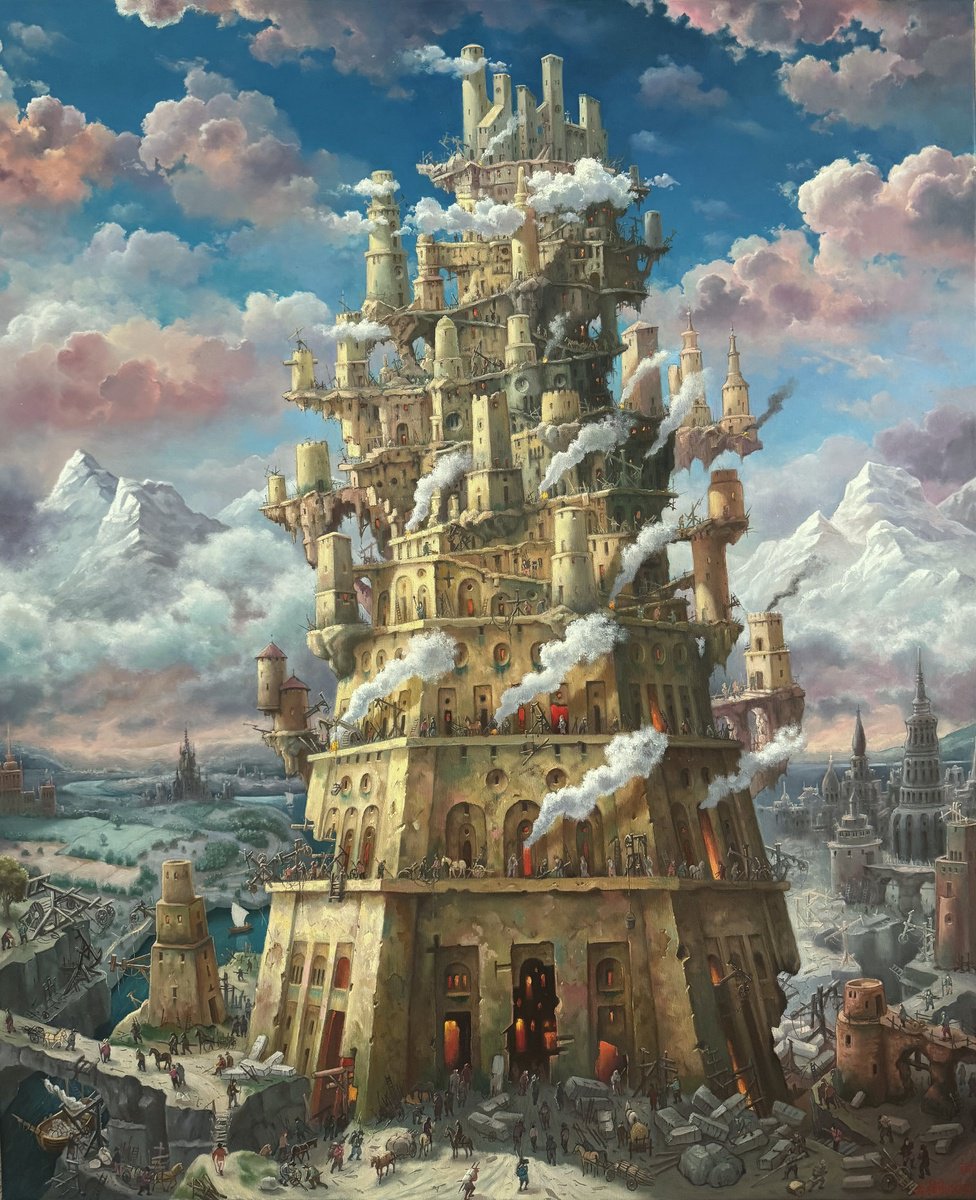 Naive Cityscapes Oil Painting By Alexander Mikhalchyk, 30 X 35, Tower Of Babel, Original Artwork