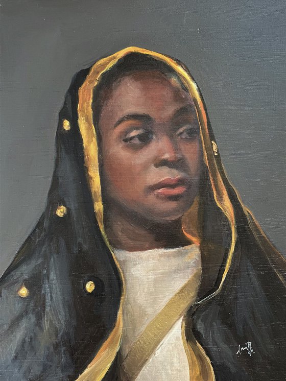 Modern young black woman oil portrait Classical Style.