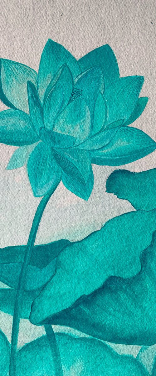 Turquoise lotus ! Monochrome painting! A3 size Painting on Indian handmade paper by Amita Dand