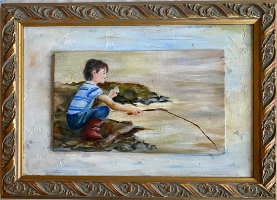 Water captive  child original oil painting 10x14 gold frame
