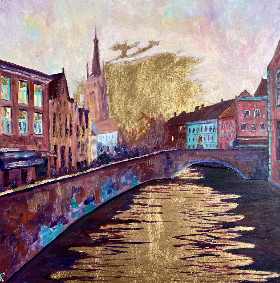 Bruges golden oil painting by Kate Grishakova