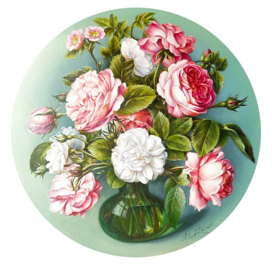 Original painting 22.4 inches 57 cm, Dutch still life Flowers, round pattern, flowers painting, still life flowers, old style painting, hyperrealism